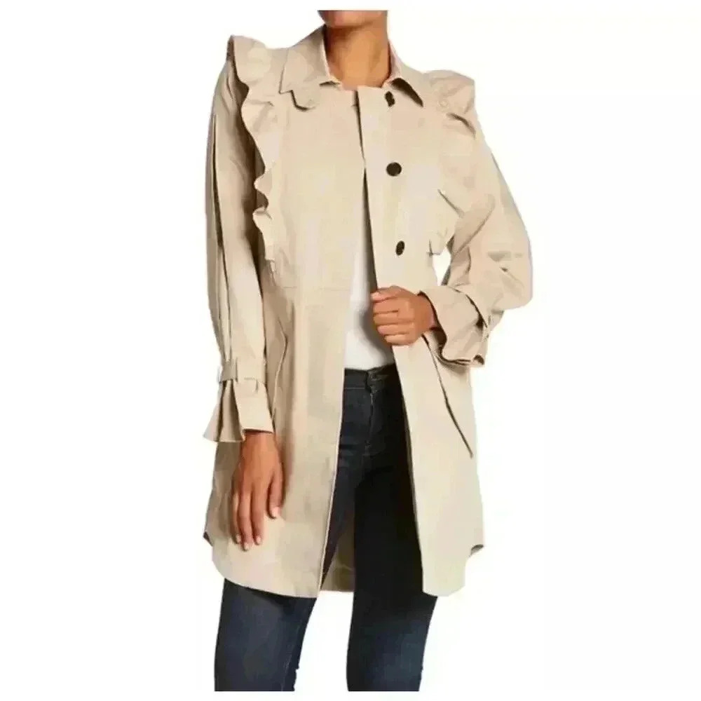 Joie Women’s Gila Trench Coat Ruffle Trim Belted Tan Size Medium - Picture 7 of 7